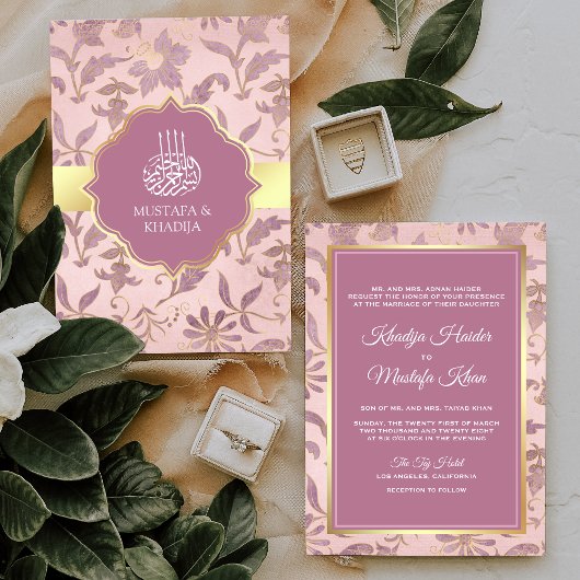 Blush Pink Lavender Gold Floral Muslim Weddenschap Kaart
