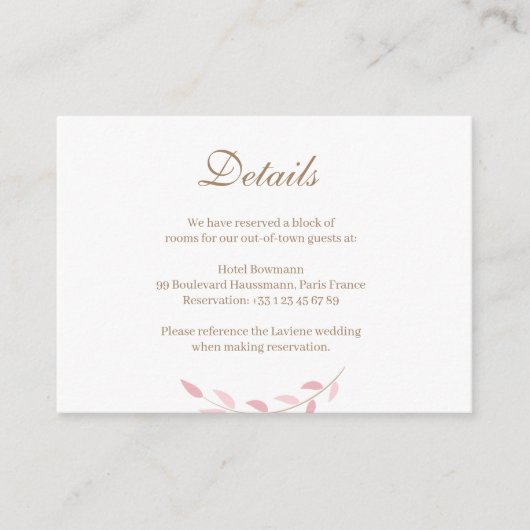 Blush Pink Leaves Gold White Wedding Hotel Details Informatiekaartje (Voorkant)
