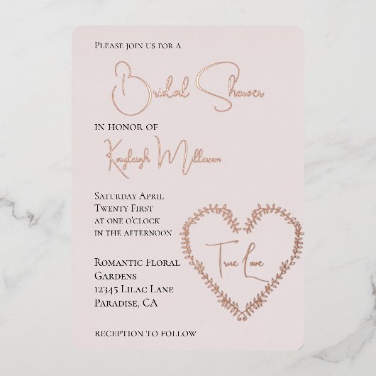 Blush Pink Leaves Heart Vrijgezellenfeest Folie Uitnodiging (Voorkant)