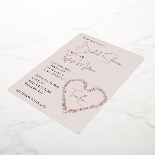 Blush Pink Leaves Heart Vrijgezellenfeest Folie Uitnodiging (Gedraaid)