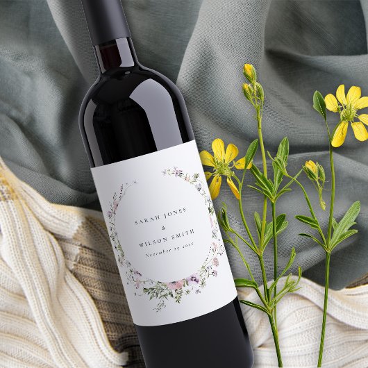 Blush Pink Lila Wildflower Circle Lijst Weddenscha Wijn Etiket