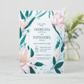 Blush Pink Lilies Emerald Leaves Spring Wedding Kaart (Staand voorkant)