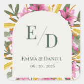 Blush Pink Lily Arched Monogram Wedding Envelope Vierkante Sticker (Voorkant)