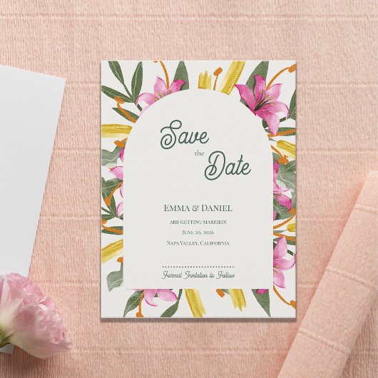 Blush Pink Lily Arched Wedding Save the Date Aankondigingskaart