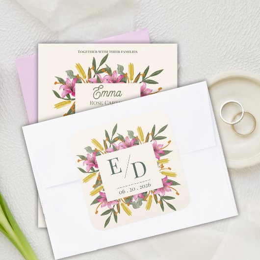 Blush Pink Lily Botanical Wedding Monogram Vierkante Sticker