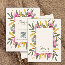 Blush Pink Lily QR Code Botanical Floral Wedding RSVP Kaartje