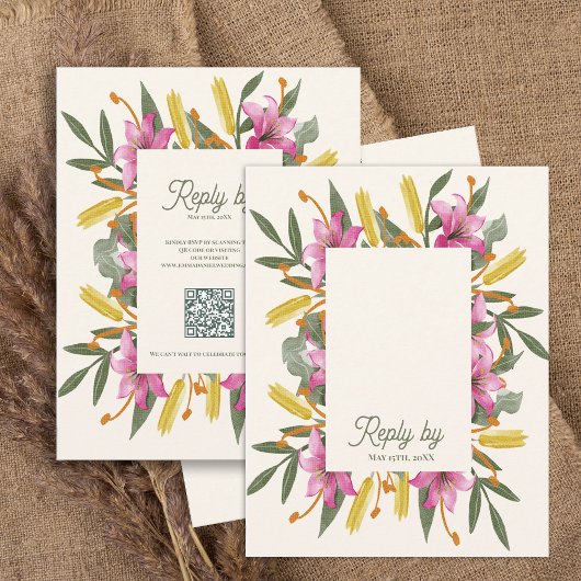 Blush Pink Lily QR Code Botanical Floral Wedding RSVP Kaartje