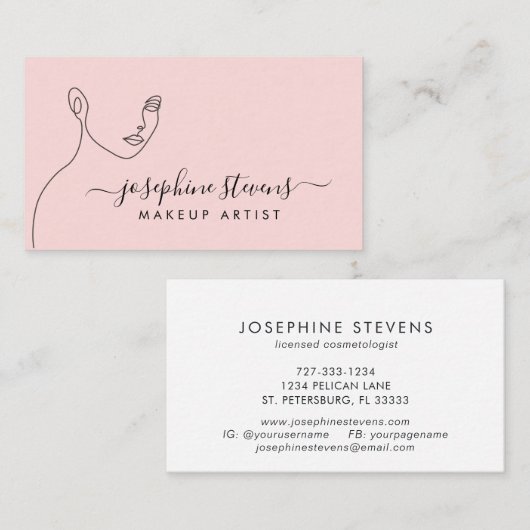 Blush Pink Line Art Logo Make-up Artiest Visitekaartje (Voorkant / Achterkant)