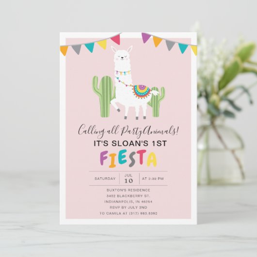 Blush Pink Llama Fiesta verjaardagsfeestje Kaart (Staand voorkant)