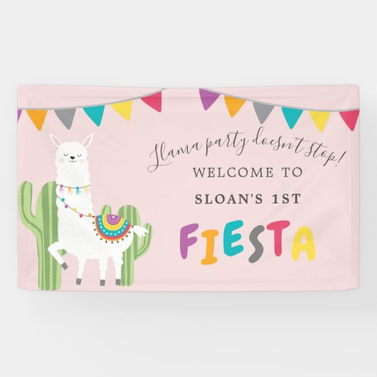 Blush Pink Llama Fun Cactus Birthday Party Welkom Spandoek (Horizontaal)