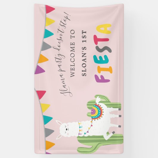 Blush Pink Llama Fun Cactus Birthday Party Welkom Spandoek (Verticaal)