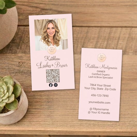 Blush Pink Logo QR Code Photo Lashes and Brows Visitekaartje