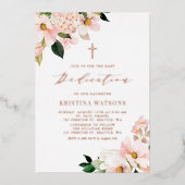 Blush Pink Magnolia and Hydrangea Baby Dedication Folie Uitnodiging (Voorkant)