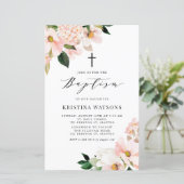Blush Pink Magnolia en Hydrangea Baptism Invite (Staand voorkant)
