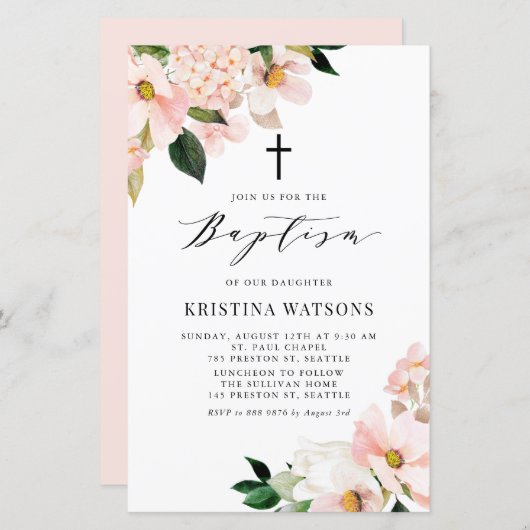 Blush Pink Magnolia en Hydrangea Baptism Invite (Voorkant / Achterkant)