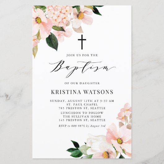 Blush Pink Magnolia en Hydrangea Baptism Invite (Voorkant)