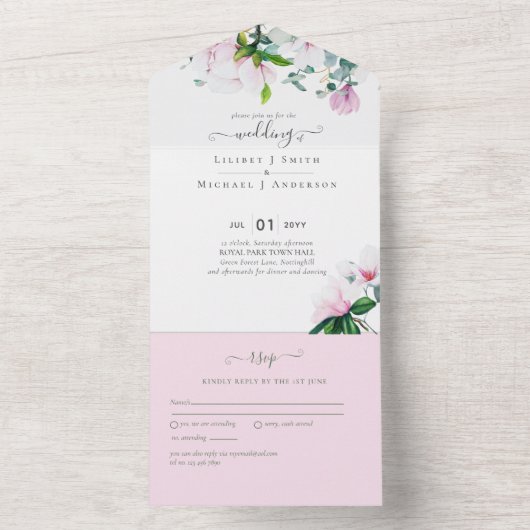 Blush Pink Magnolia Wedding All In One Uitnodiging (Binnen)