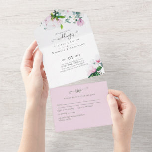 Blush Pink Magnolia Wedding All In One Uitnodiging