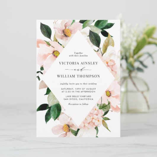 Blush Pink Magnolias and Hydrangeas Lijst Wedding Kaart (Staand voorkant)