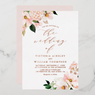 Blush Pink Magnolias and Hydrangeas Wedding Folie Uitnodiging