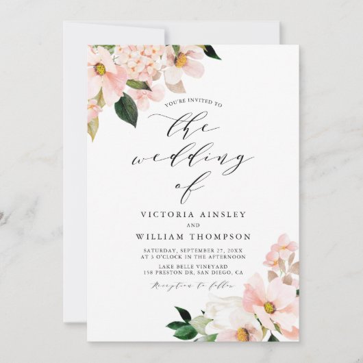 Blush Pink Magnolias and Hydrangeas Wedding Kaart (Voorkant)