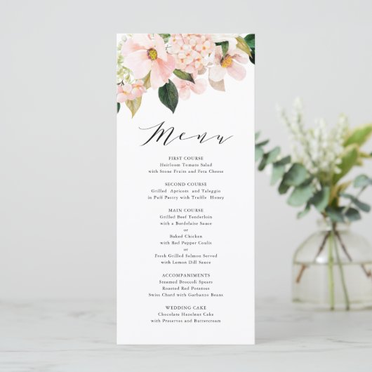 Blush Pink Magnolias and Hydrangeas Wedding Menu (Staand voorkant)