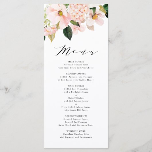 Blush Pink Magnolias and Hydrangeas Wedding Menu (Voorkant)