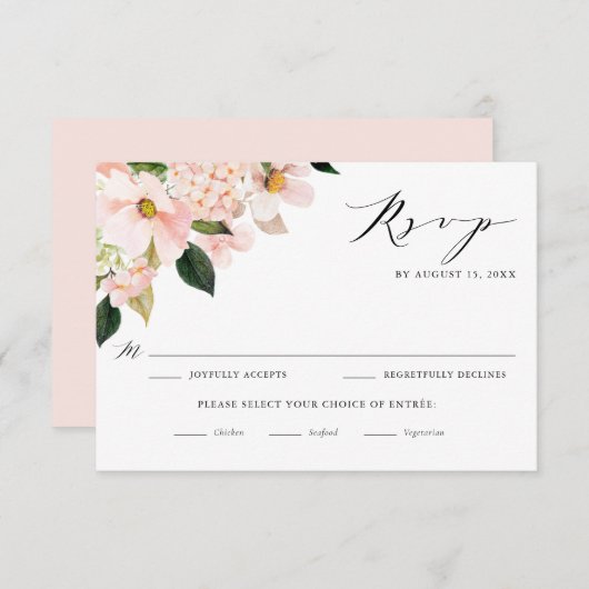 Blush Pink Magnolias and Hydrangeas Wedding RSVP Kaartje (Voorkant / Achterkant)