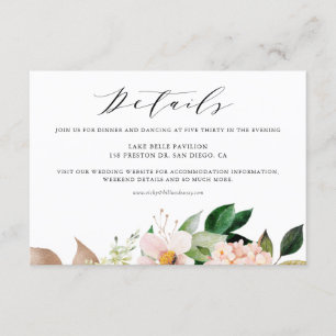 Blush Pink Magnolias & Hydrangeas Weddenschap Deta Informatiekaartje