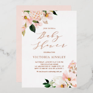 Blush Pink Magnolias Roos Gold Baby shower Folie Uitnodiging