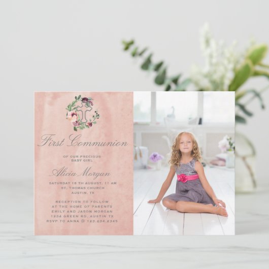 Blush Pink Marsala Bloemen Eerste Communie Kaart (Staand voorkant)