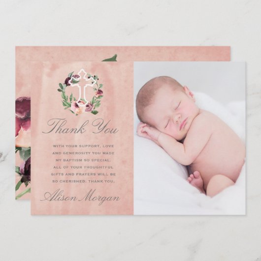 Blush Pink Marsala bloemendoop Dank je wel kaart (Voorkant / Achterkant)