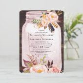 Blush Pink Mason Jar Feather Floral Wedding Kaart (Staand voorkant)