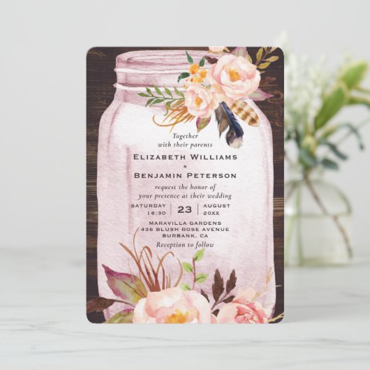 Blush Pink Mason Jar Feather Floral Wedding Kaart (Staand voorkant)