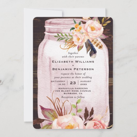 Blush Pink Mason Jar Feather Floral Wedding Kaart (Voorkant)