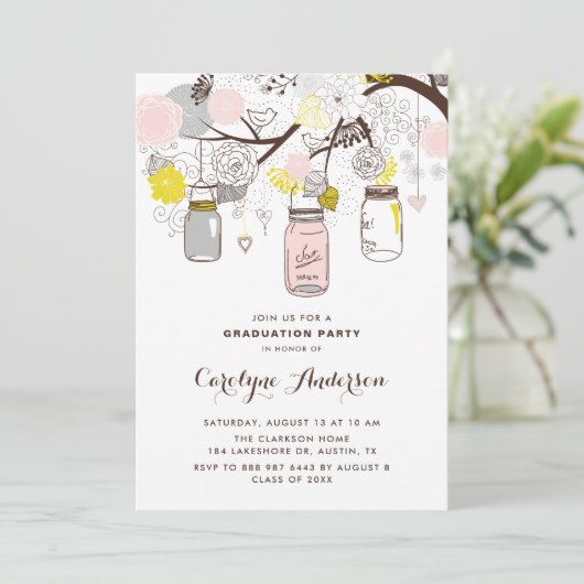Blush Pink Mason Jars Floral Graduation Party Kaart (Staand voorkant)