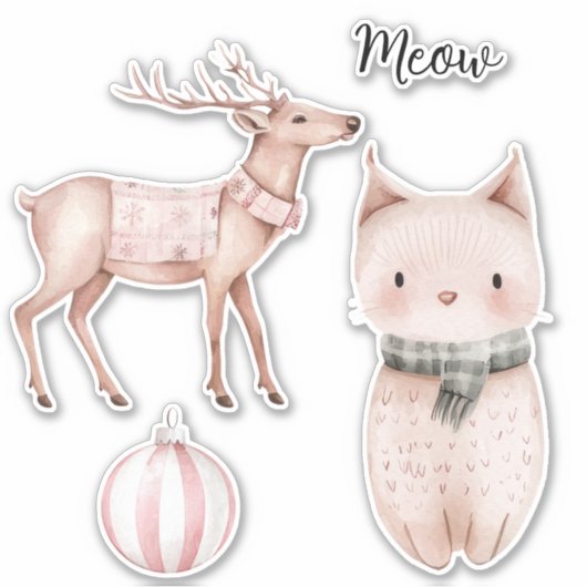 Blush Pink Meow Cat Deer Kerst Ornament Sticker (Voorkant)