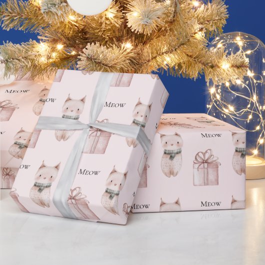 Blush Pink Meow Christmas Cat Gift Cadeaupapier (Feestdagen)