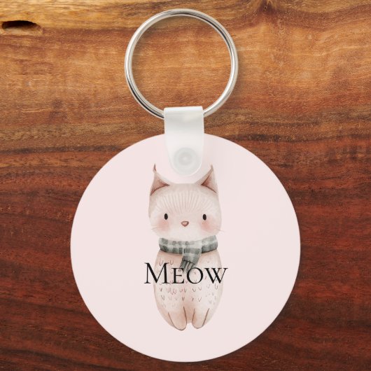 Blush Pink Meow Christmas Cat Sleutelhanger (Voorkant)