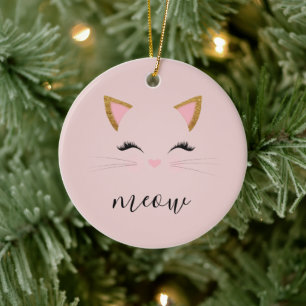 Blush PInk Meow Whiskers Kat Keramisch Ornament