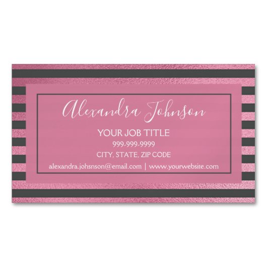 Blush Pink Metallic Folie en Grijze Strepen Magnetisch Visitekaartje (Voorkant)