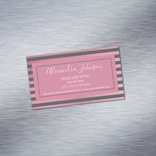 Blush Pink Metallic Folie en Grijze Strepen Magnetisch Visitekaartje (Voorbeeld)