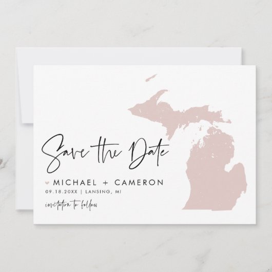 Blush Pink Michigan Map Modern Minimalist Script Save The Date (Voorkant)