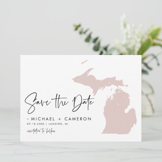 Blush Pink Michigan Map Modern Minimalist Script Save The Date (Staand voorkant)