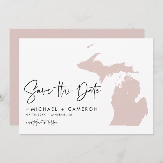 Blush Pink Michigan Map Modern Minimalist Script Save The Date (Voorkant / Achterkant)