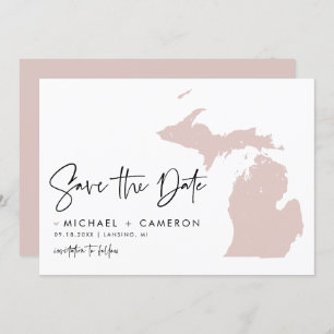 Blush Pink Michigan Map Modern Minimalist Script Save The Date