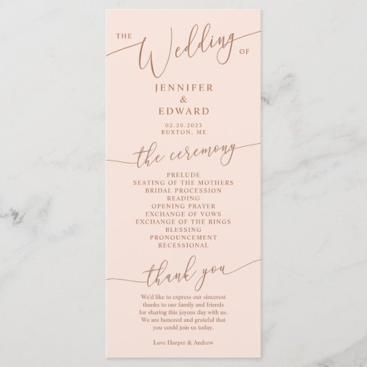 Blush Pink Minimal Wedding Ceremony Program Programmakaart (Voorkant)