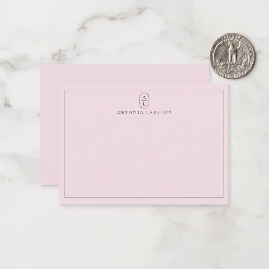 Blush Pink Minimalist Monogram Name Flat Note Card Notitiekaartje (Voorkant / Achterkant in situ)