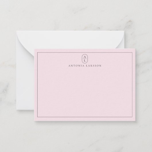 Blush Pink Minimalist Monogram Name Flat Note Card Notitiekaartje (Voorkant)