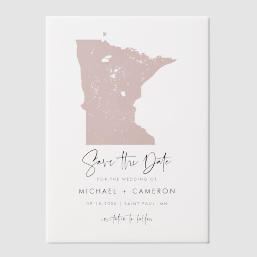 Blush Pink Minnesota Map Minimalist Bewaar de datu Vellum Uitnodigingen (Voorkant)